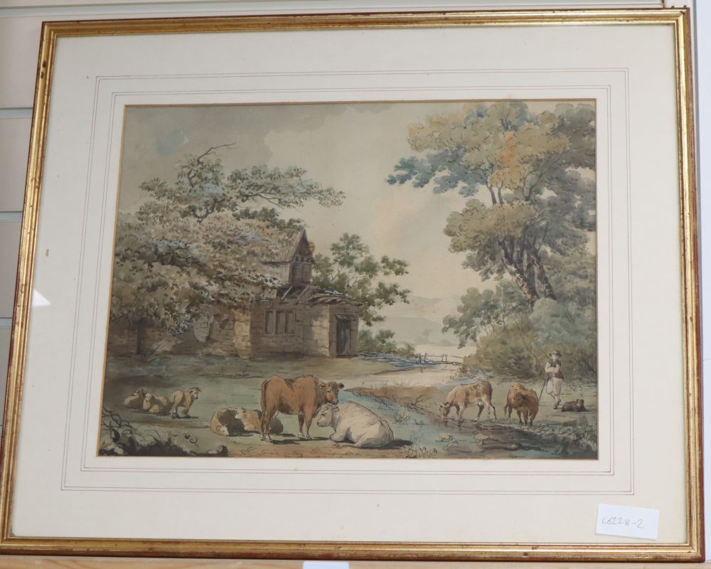 Circle of Peter La Cave (fl.1790-1810), watercolour with pen and ink, A Farmyard View,